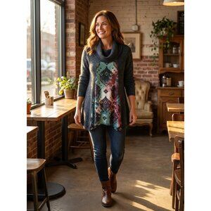 Cal Style Womens Cowl Neck Tunic Top Size L With Aztec Print Panel Gray & Multic